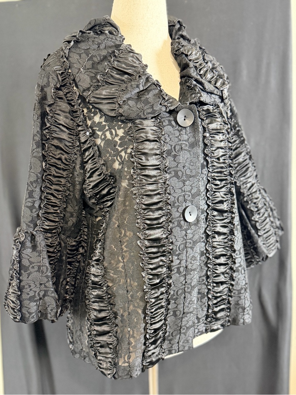 Damee Jacket Women's Black Lace Ruffle Button-Front Sequins Madame Goth theater
